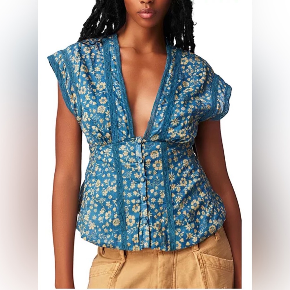 NWT Free People Landy Top in Garden Combo Indigo Size LARGE